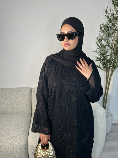 Halima chiffon black gems abaya with inner slip dress