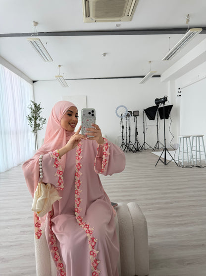 Yalda lace floral abaya set with inner slip dress