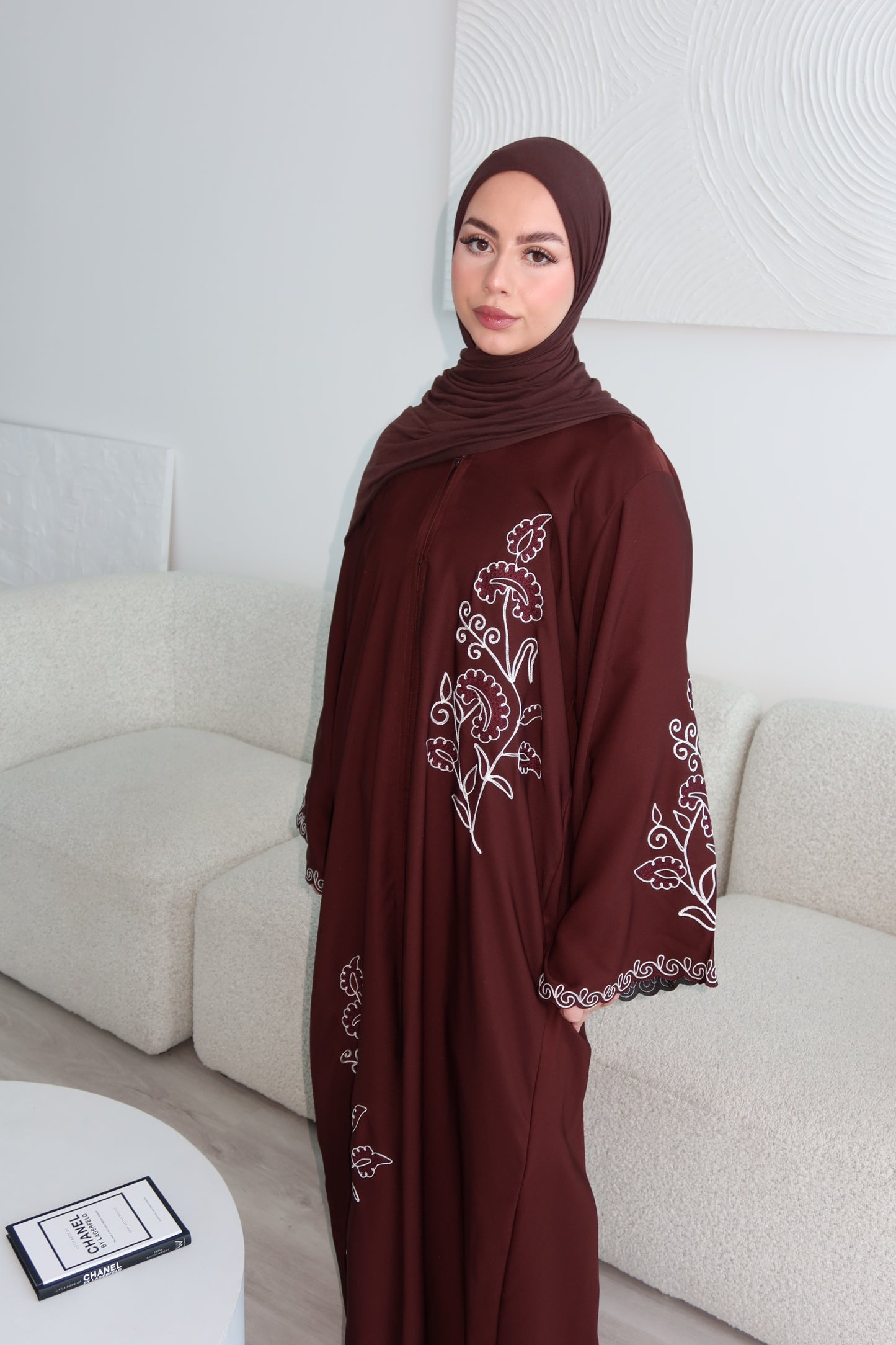 Zarina buttoned brown abaya with embroidery