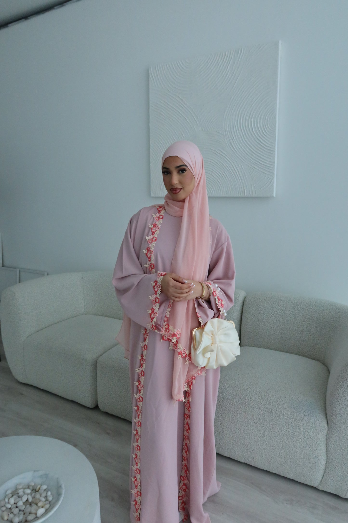 Yalda lace floral abaya set with inner slip dress