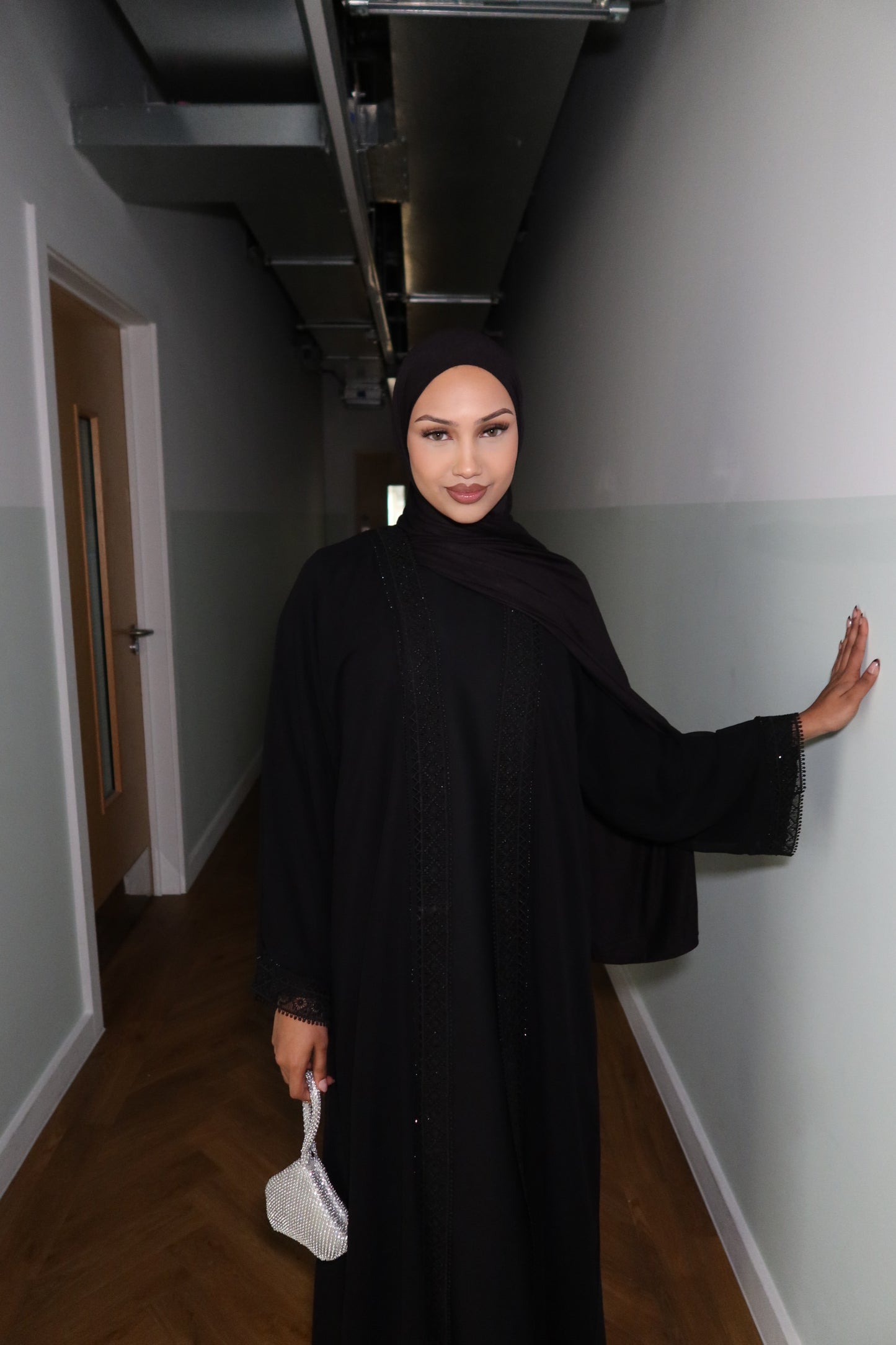 Ayah chiffon black gems abaya with inner slip dress