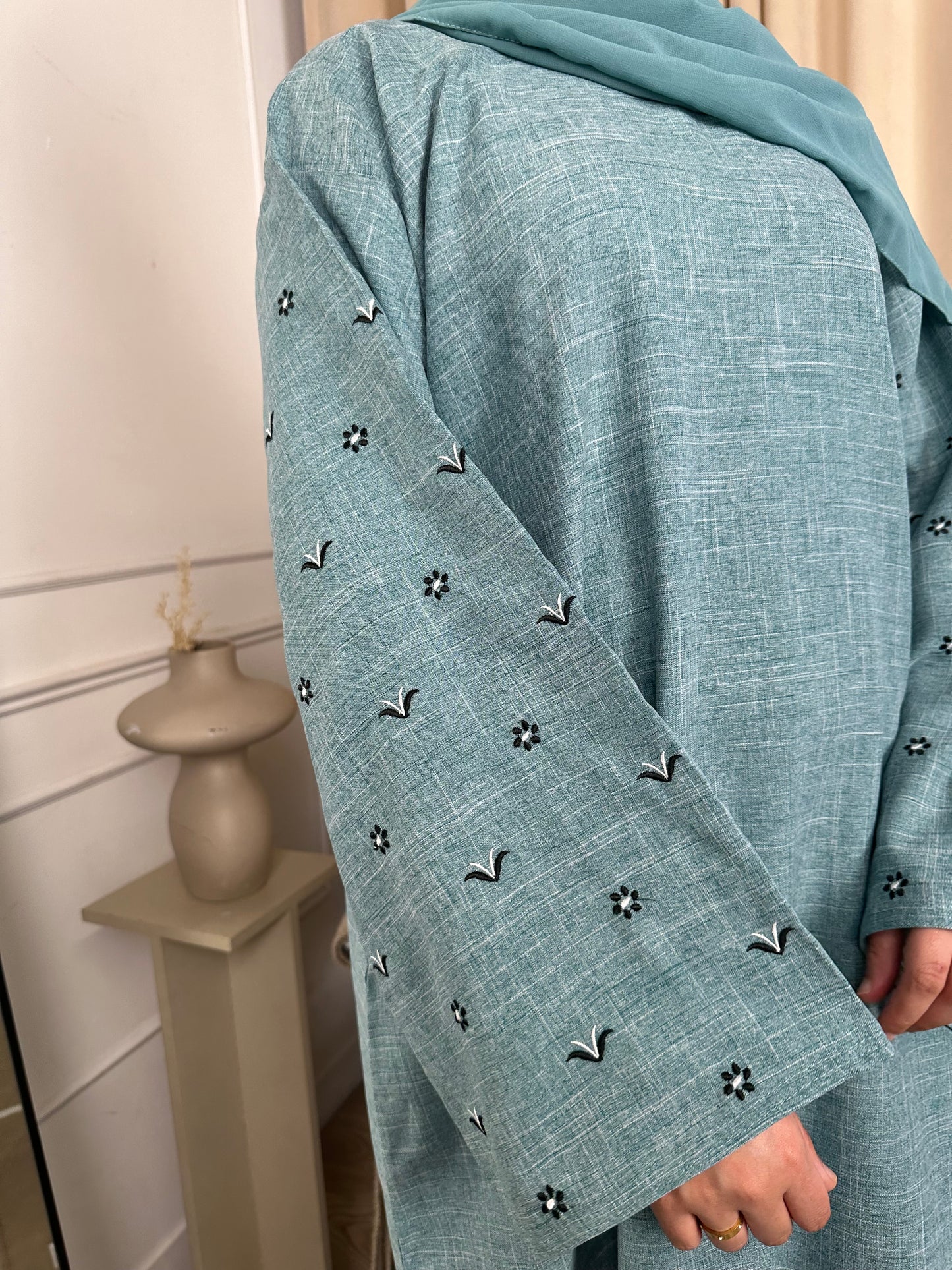 Husna linen embroidery sea blue abaya