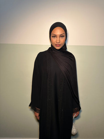 Ayah chiffon black gems abaya with inner slip dress