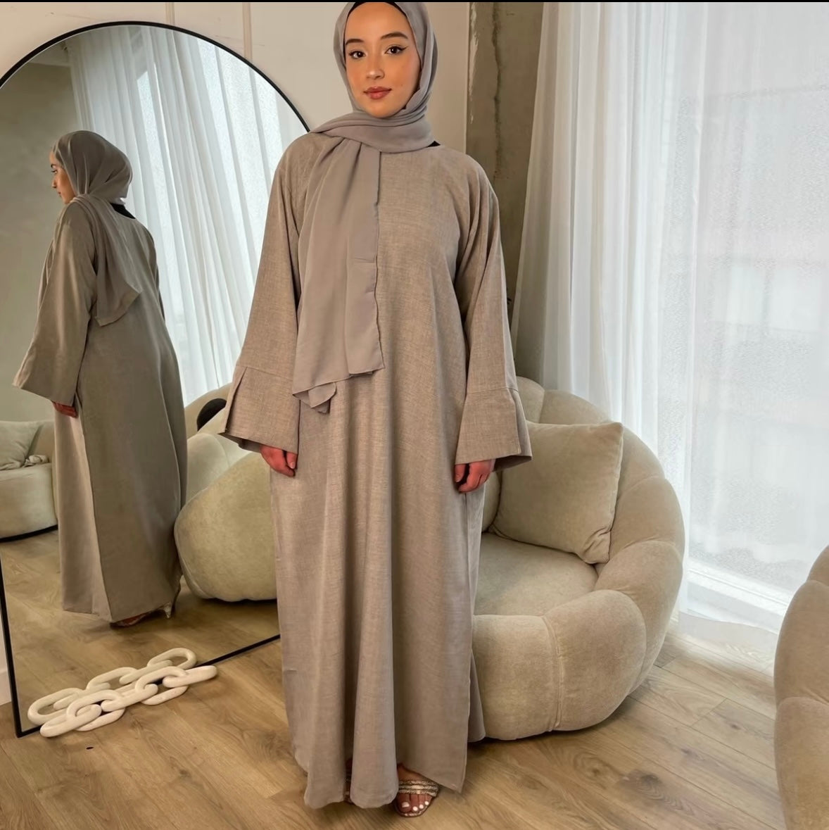 Beige Sleeve Tie Closed Linen Abayah main image 0