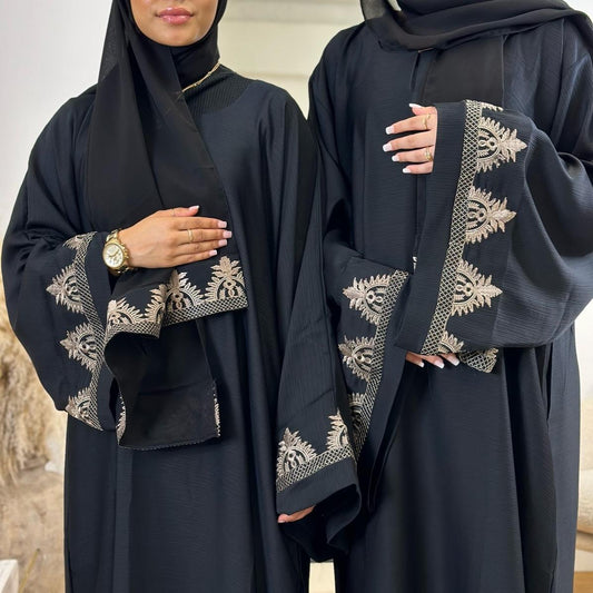 Arwa black wide sleeves abaya with gold lace