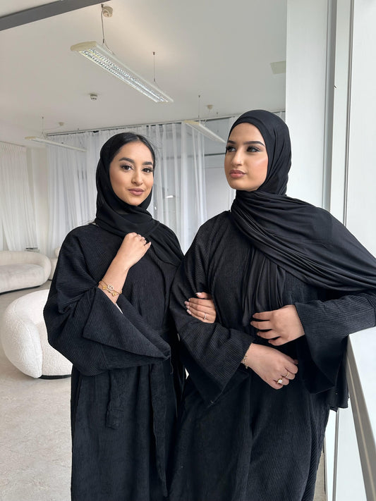 Corduroy Winter Abaya - Black | Closed Sleeve & Split Sleeve