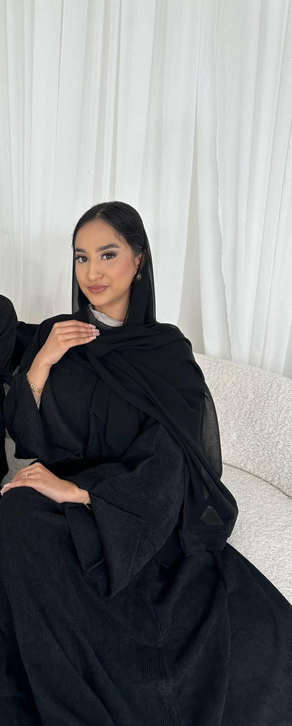 Corduroy Winter Abaya - Black | Closed Sleeve & Split Sleeve